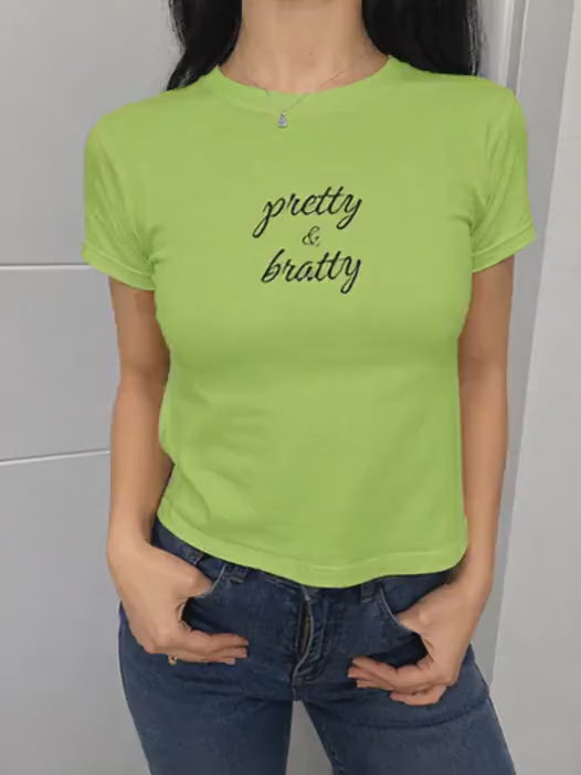 Pretty & Bratty Y2K Baby Tee - Trendy Brat T-shirt